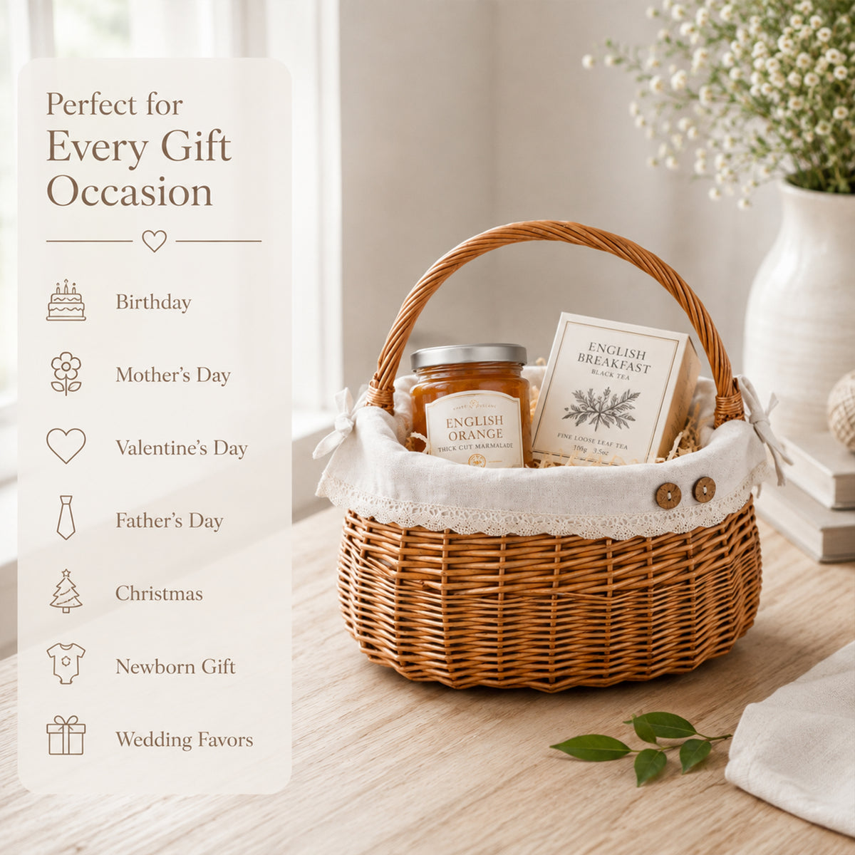 Light Steamed Coracle Wicker Shopper Basket with White Lace Lining