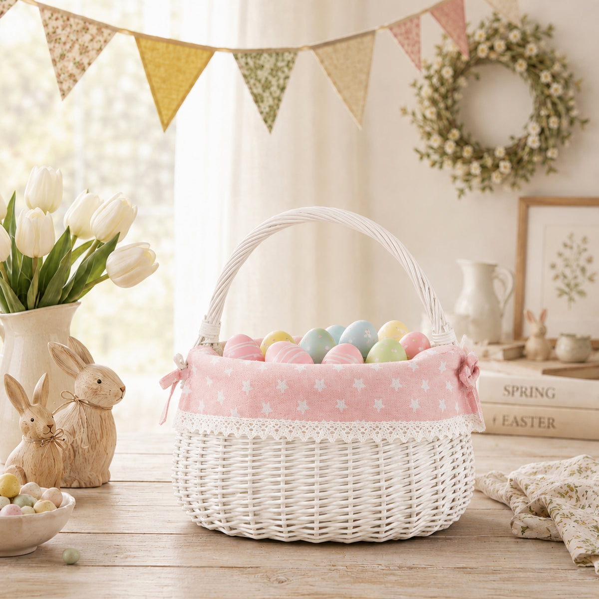 White Coracle Wicker Shopper Basket with Pink Lace Lining
