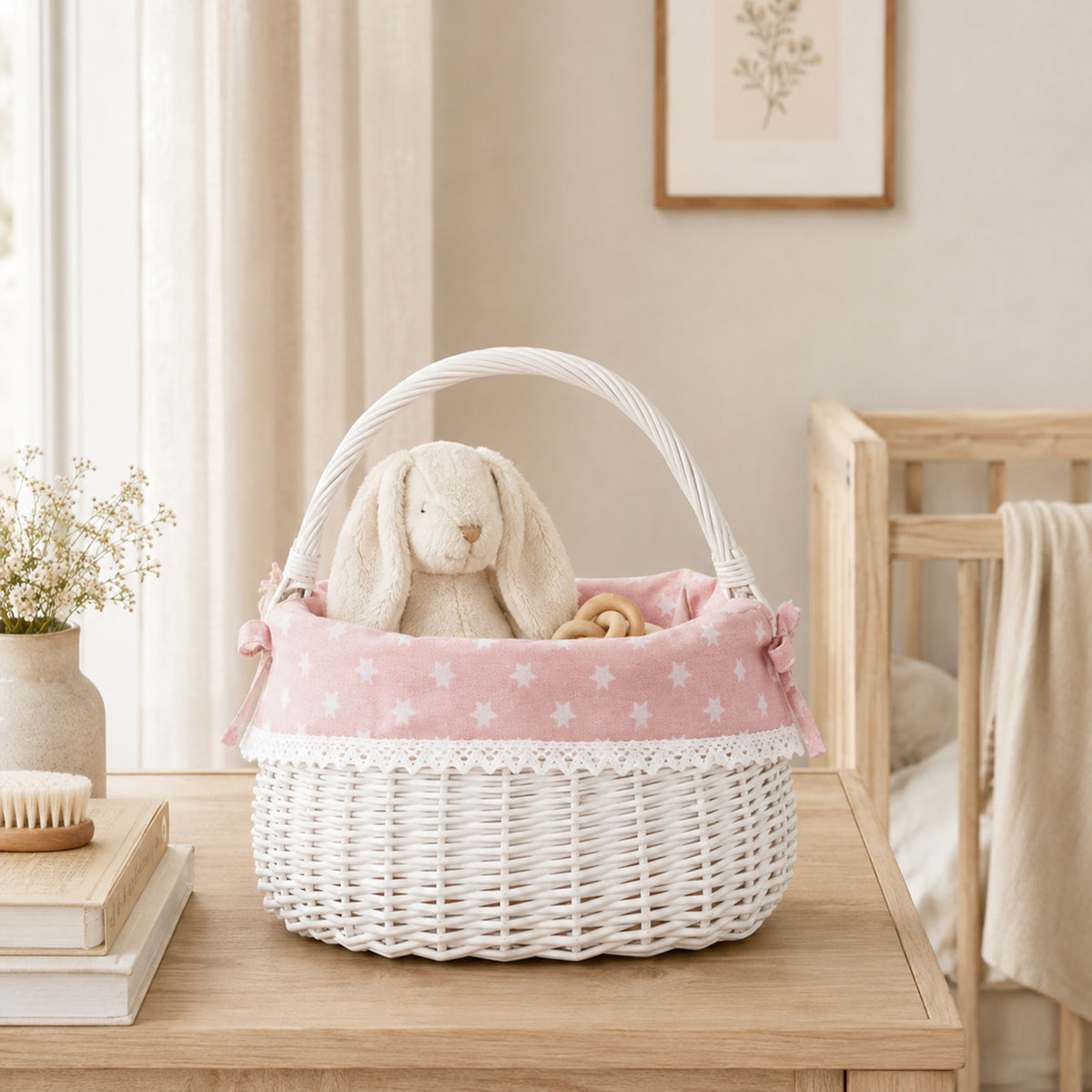 White Coracle Wicker Shopper Basket with Pink Lace Lining