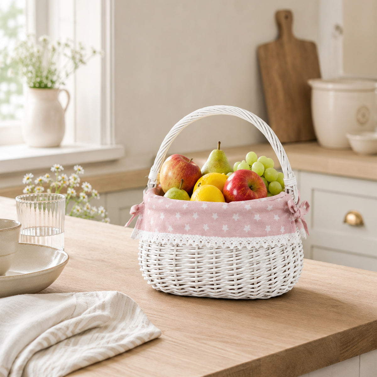 White Coracle Wicker Shopper Basket with Pink Lace Lining