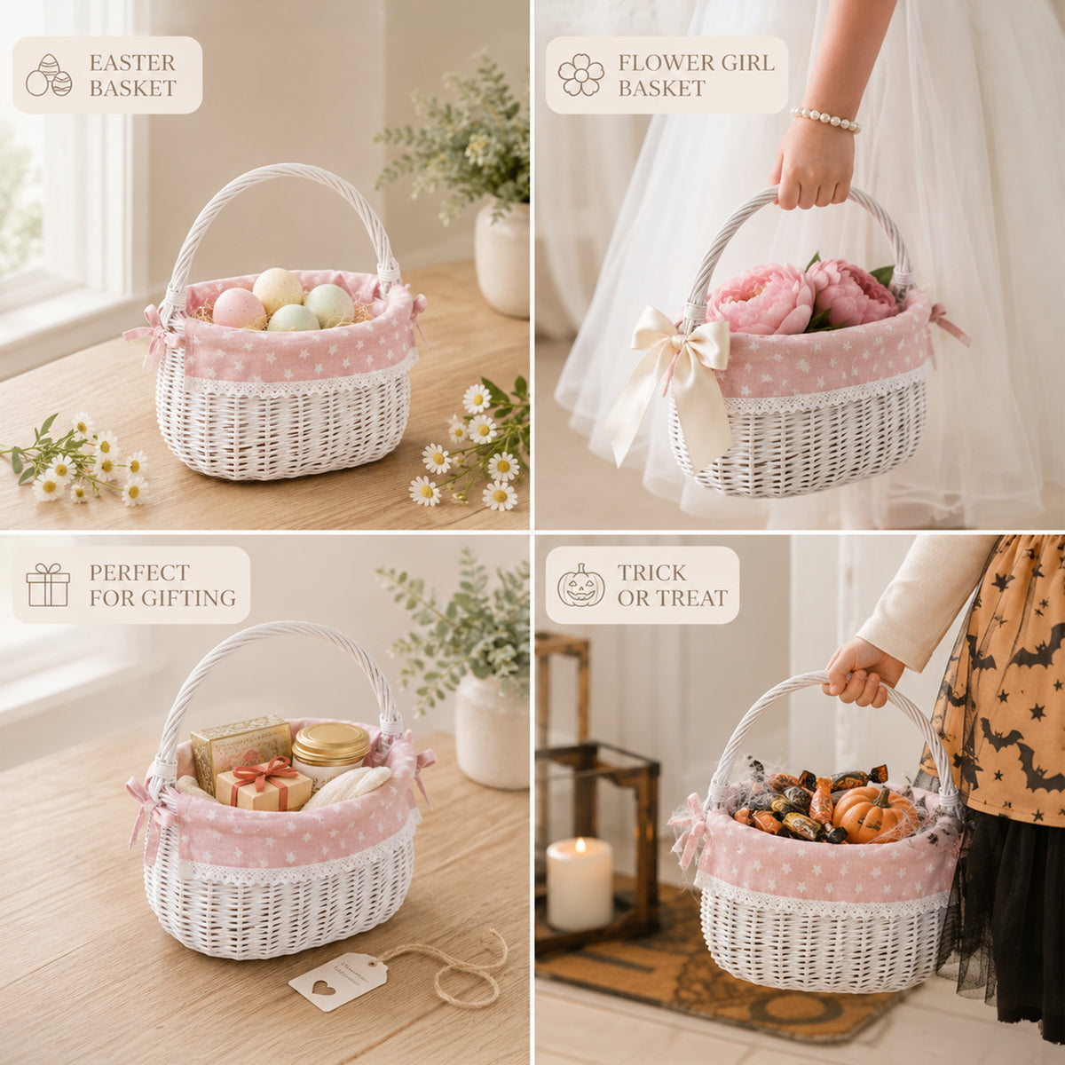 White Coracle Wicker Shopper Basket with Pink Lace Lining