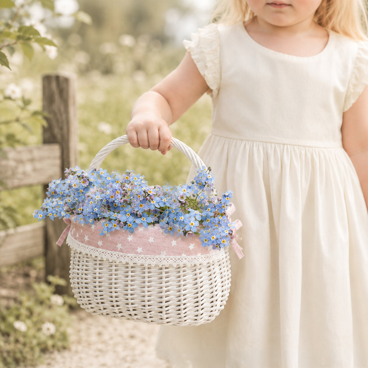 White Coracle Wicker Shopper Basket with Pink Lace Lining