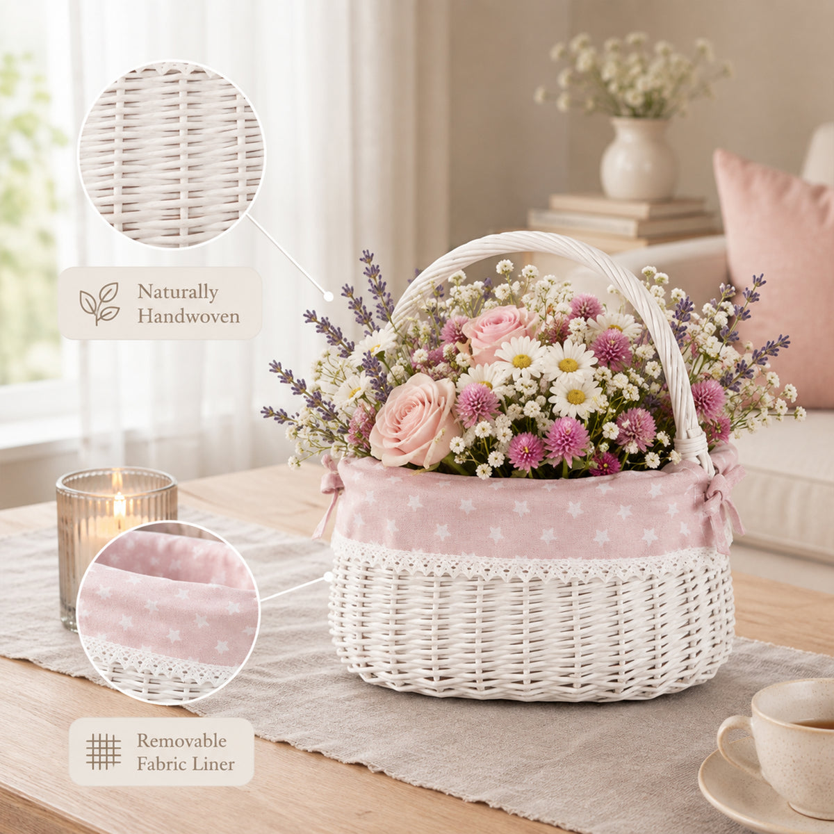 White Coracle Wicker Shopper Basket with Pink Lace Lining