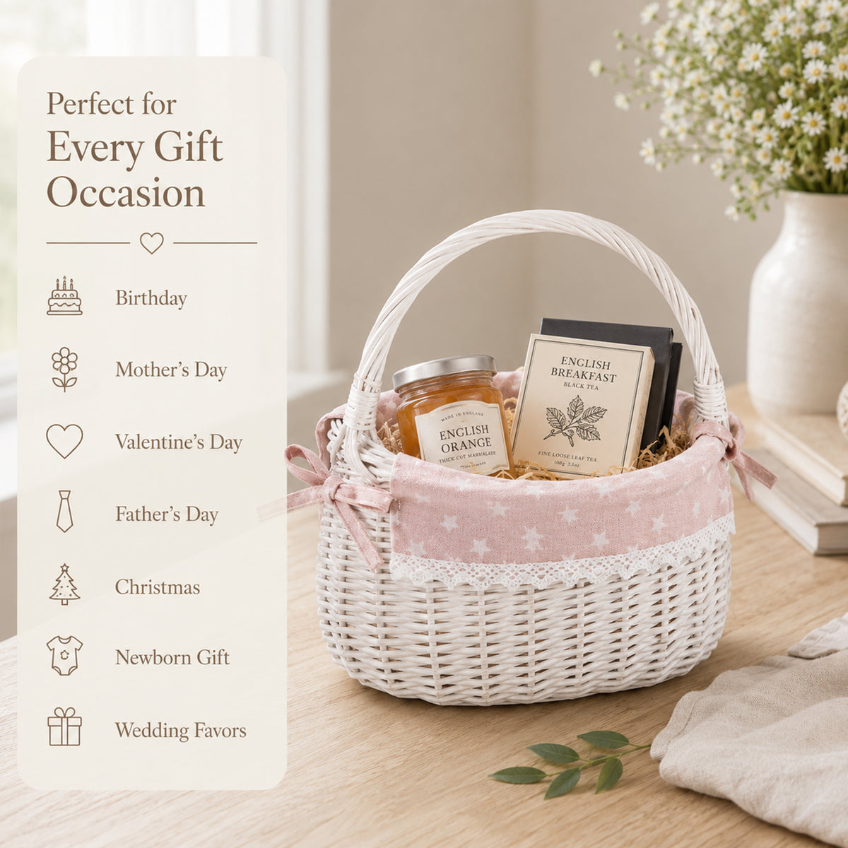 White Coracle Wicker Shopper Basket with Pink Lace Lining