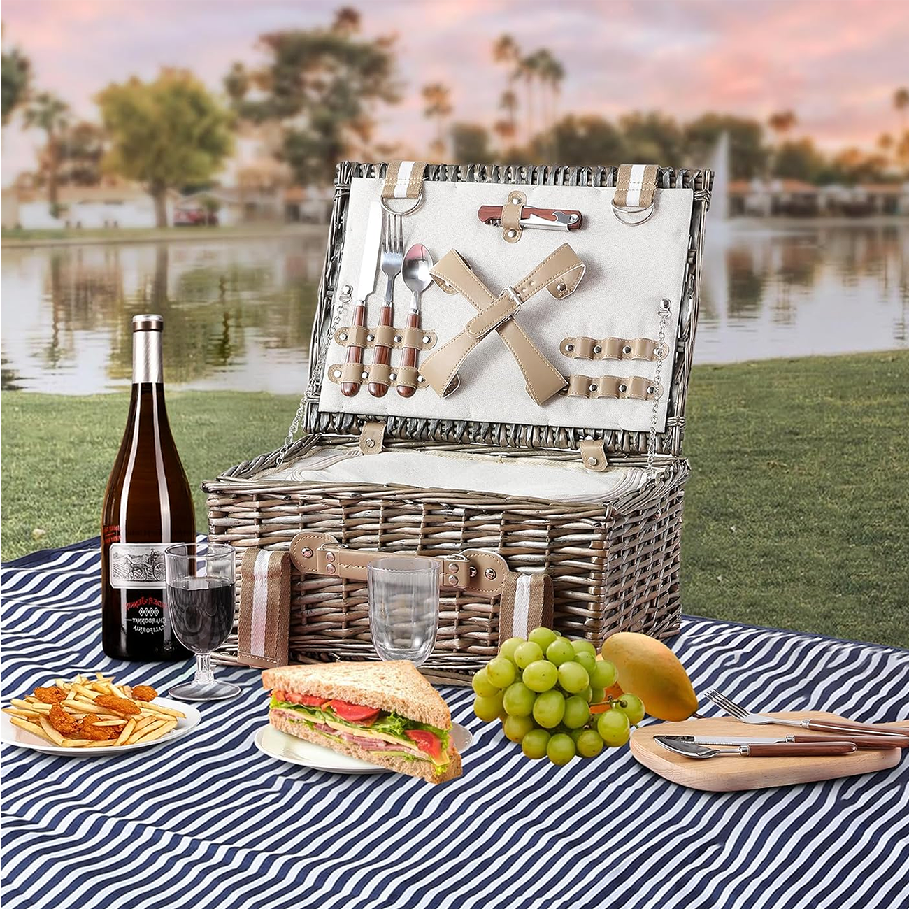 2 Person Antique Wash Picnic Wicker Hamper Basket