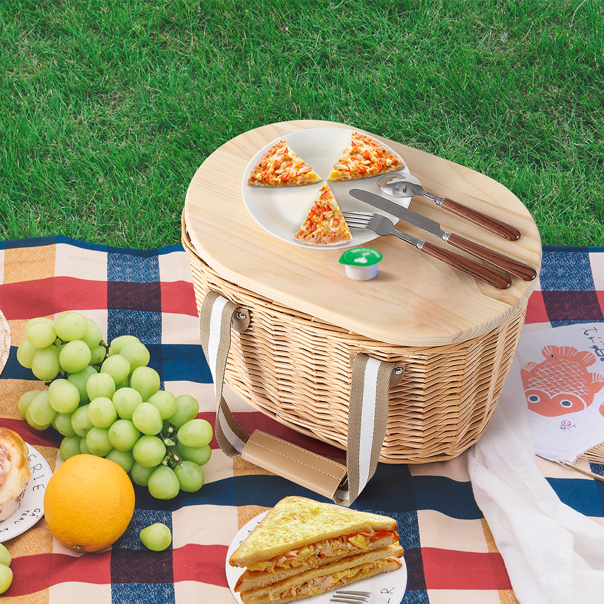 2 Person Wicker Picnic Hamper with Wooden Tabletop Lid