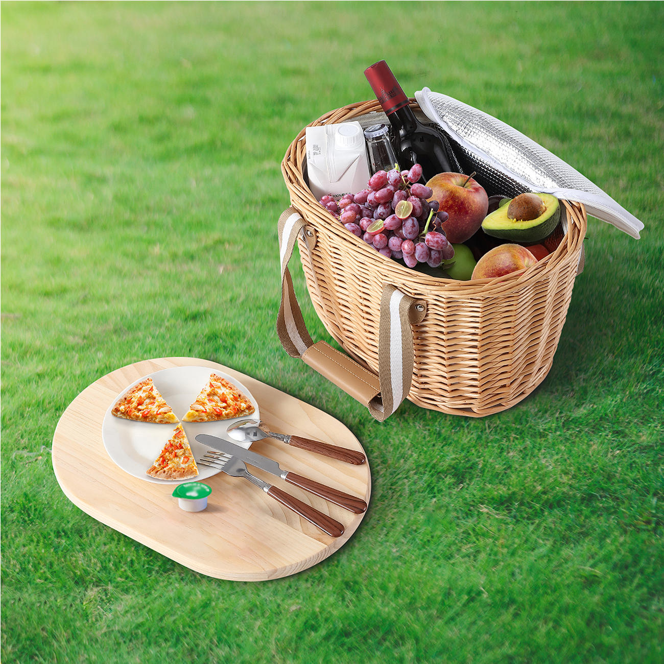 2 Person Wicker Picnic Hamper with Wooden Tabletop Lid
