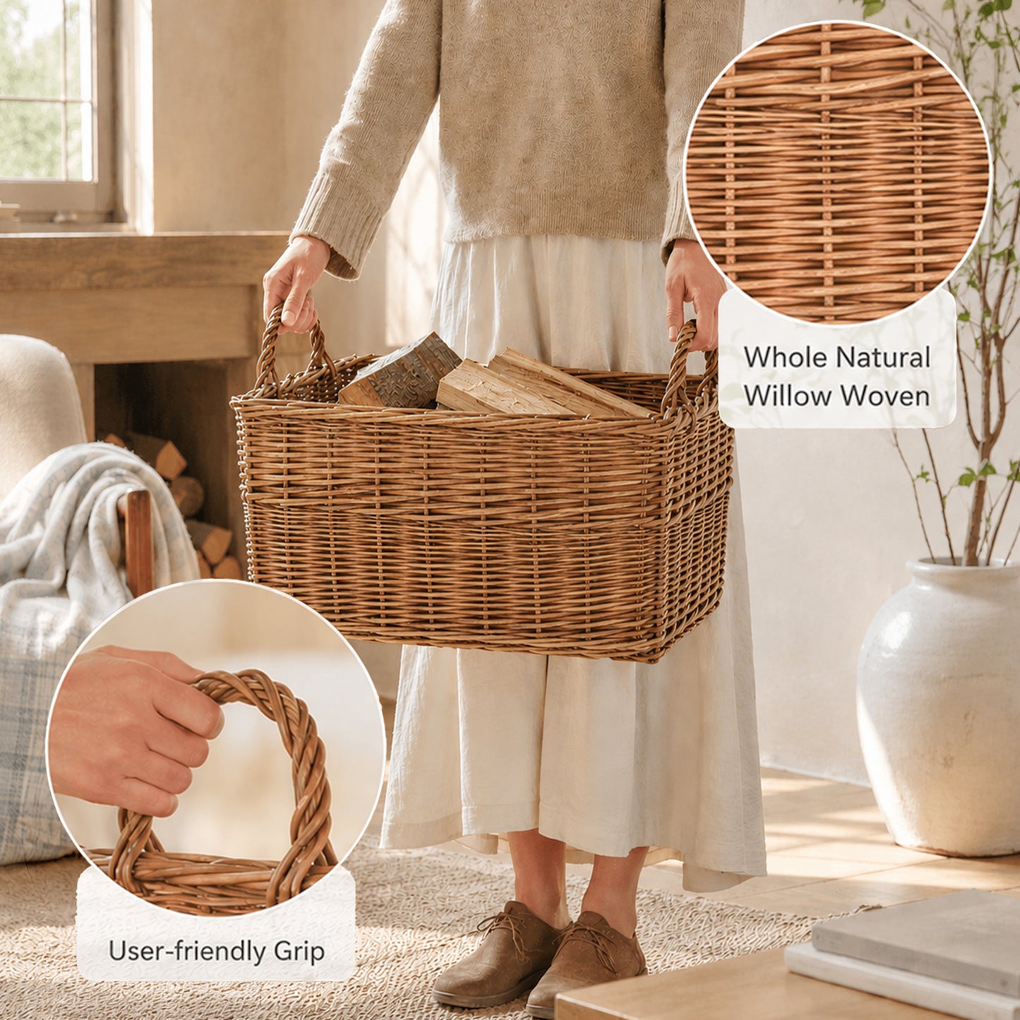 Double Steamed Rectangular Wicker Log Basket