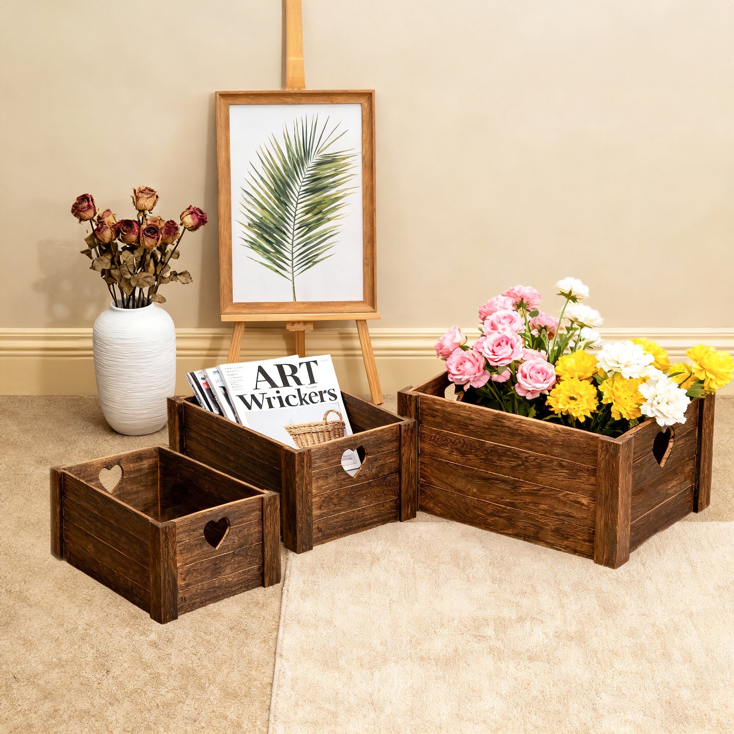 Brown Heart Cut-out Wooden Crate - 3 Sizes