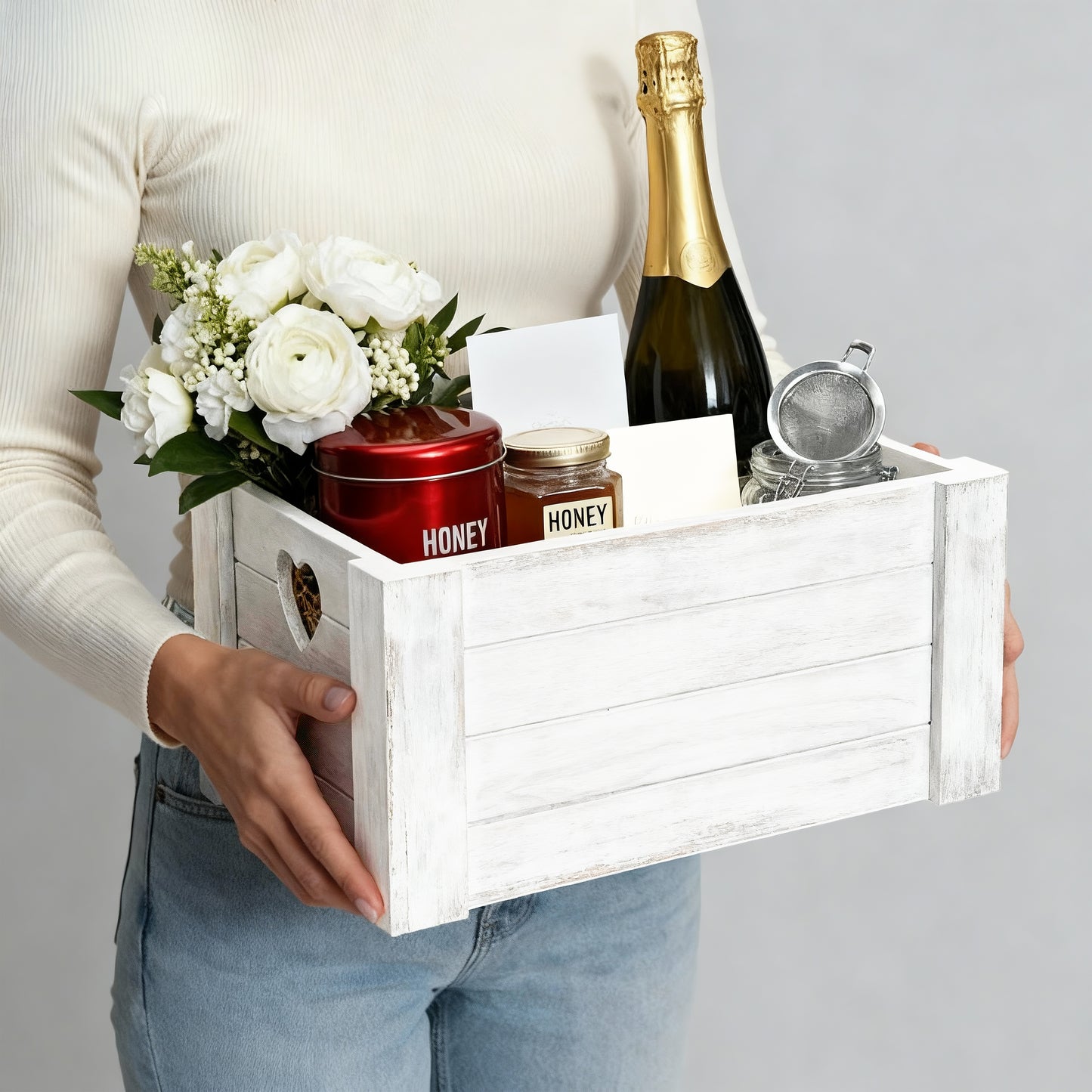 Grey Heart Cut-out Wooden Crate - 3 Sizes