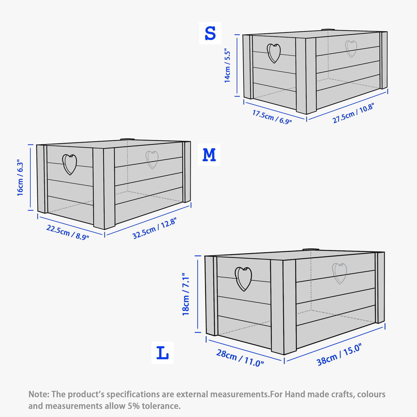 Brown Heart Cut-out Wooden Crate - 3 Sizes