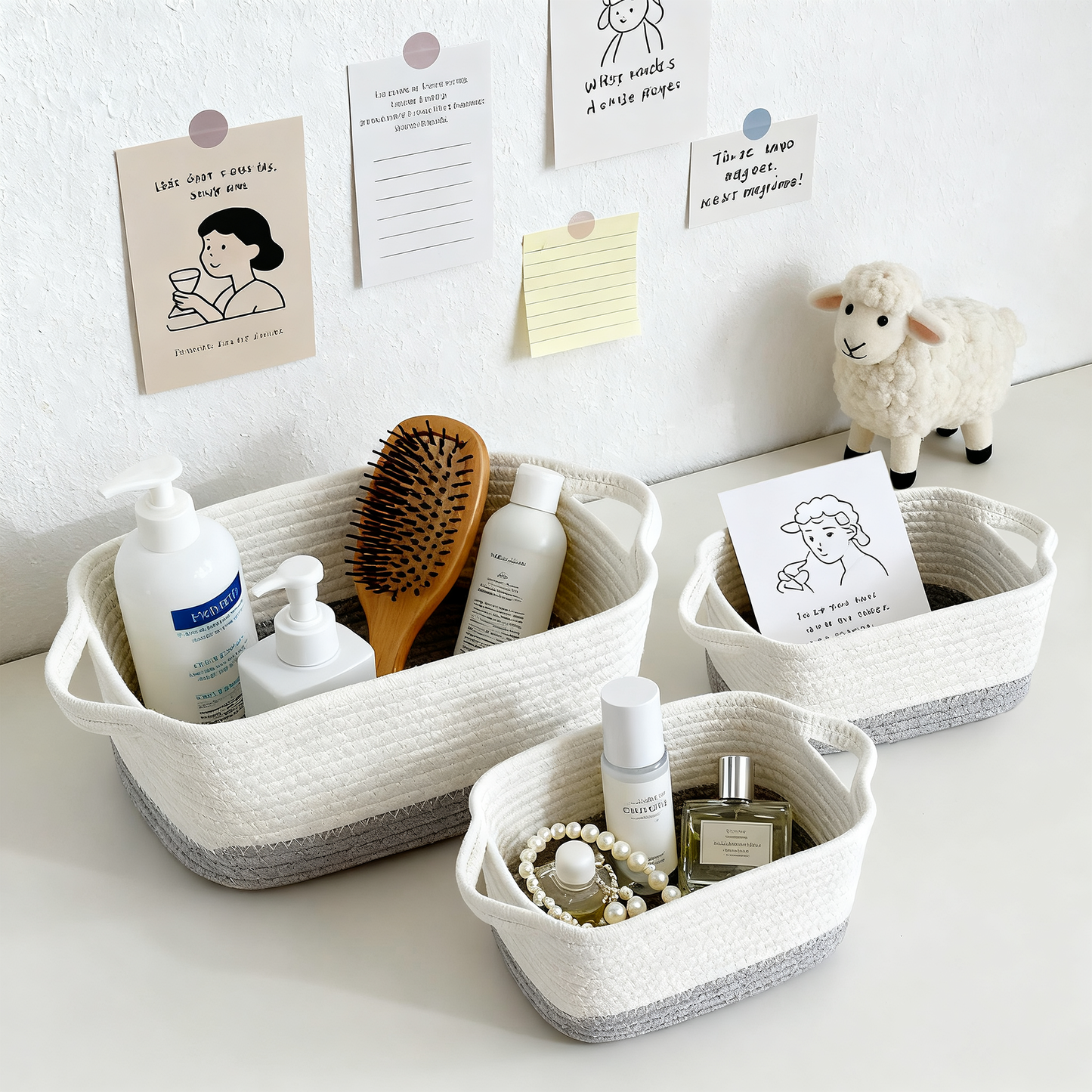 Two-Tone White Cotton Rope Storage Basket with Handle - Set of 3
