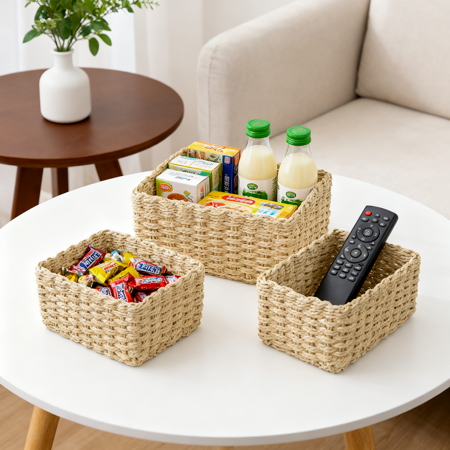 Cream Paper Rope Storage Basket Set 3