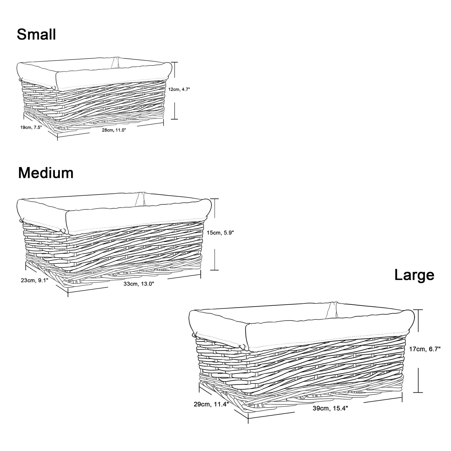 Brown Wicker Storage Basket with Lining - 3 Sizes