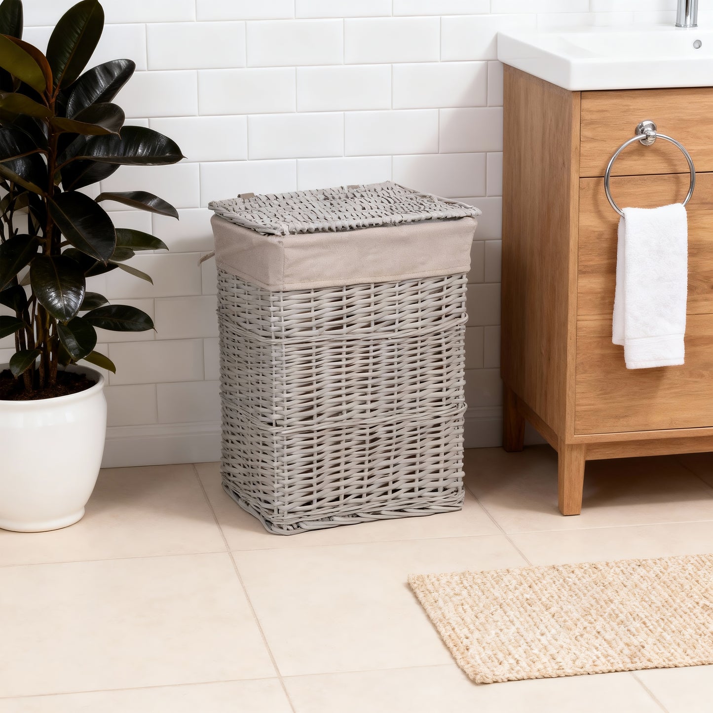 Grey Rectangular Wicker Laundry Basket with Lining - 2 Sizes