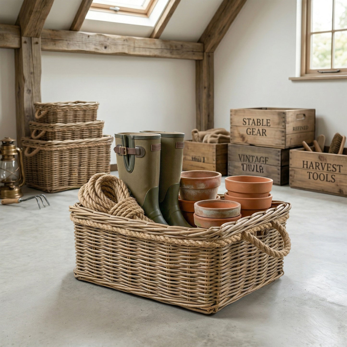 Rectangular Rope Handled Wicker Log Basket - 3 Sizes
