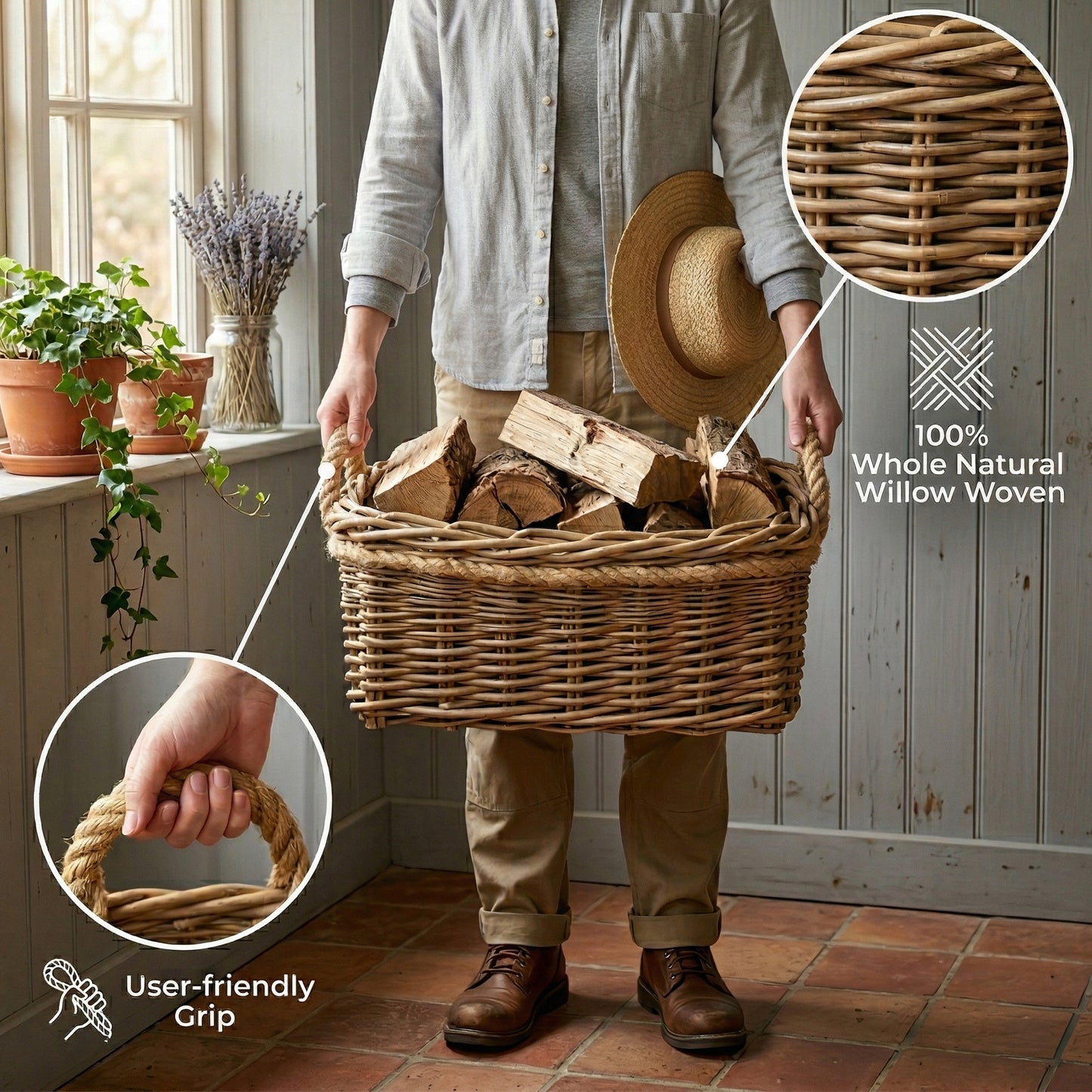 Rectangular Rope Handled Wicker Log Basket - 3 Sizes