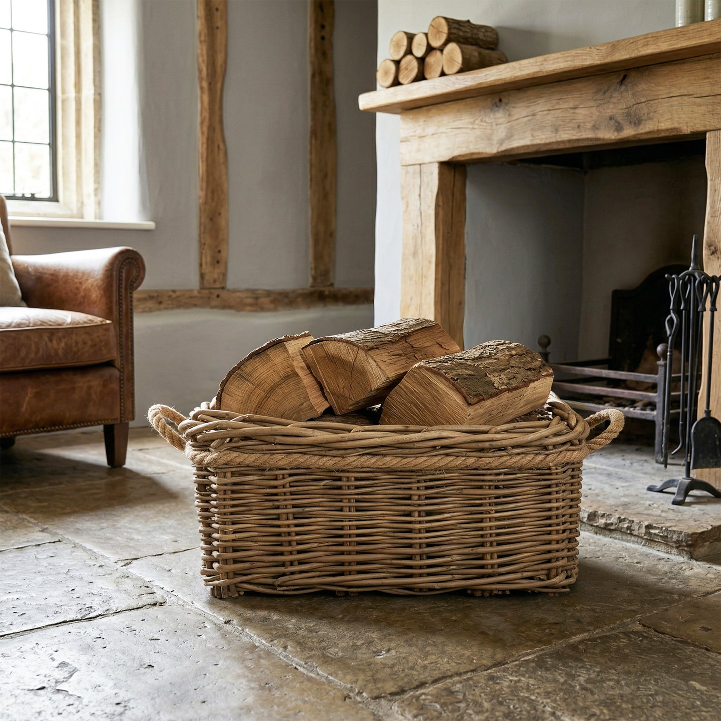 Rectangular Rope Handled Wicker Log Basket - 3 Sizes
