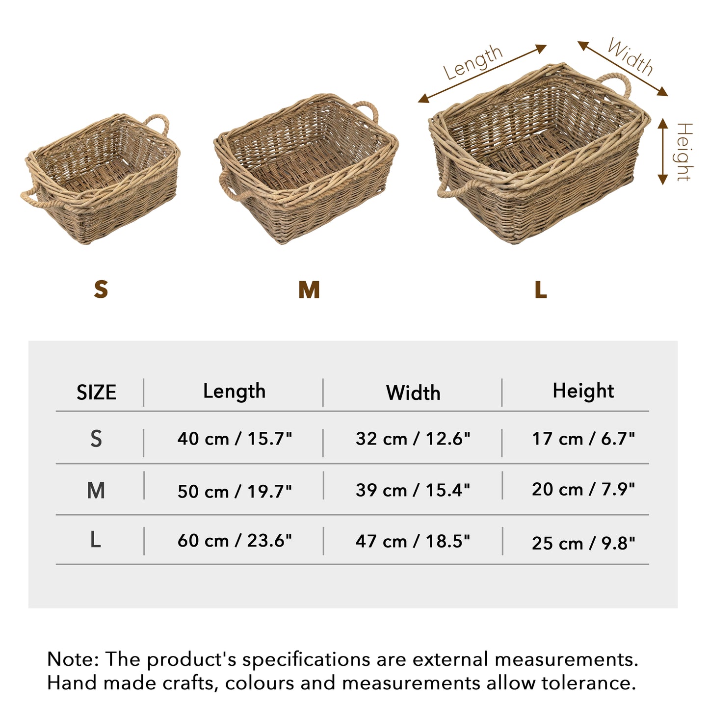 Rectangular Rope Handled Wicker Log Basket - 3 Sizes