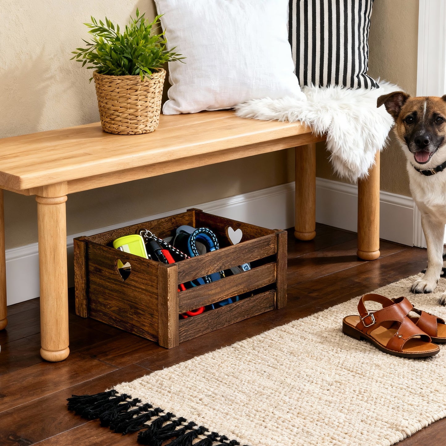 Brown Heart Cut-out Slatted Wooden Crate - 3 Sizes