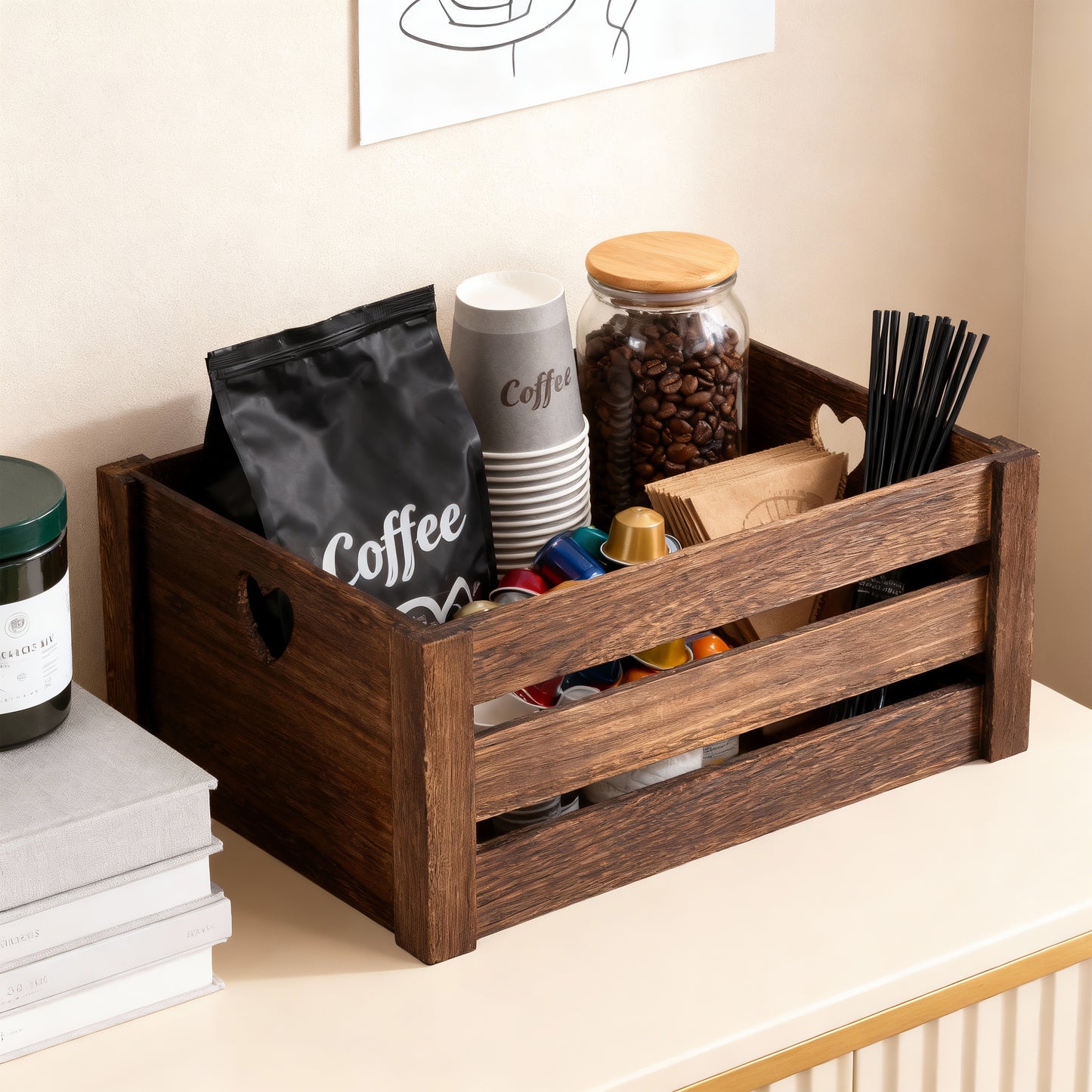 Brown Heart Cut-out Slatted Wooden Crate - 3 Sizes