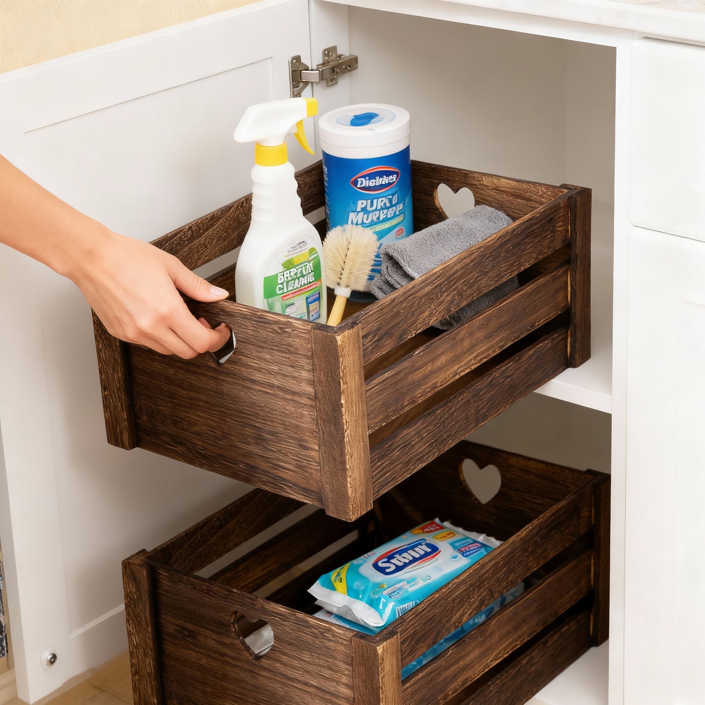 Brown Heart Cut-out Slatted Wooden Crate - 3 Sizes