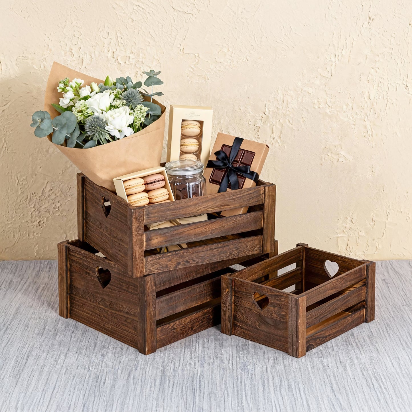 Brown Heart Cut-out Slatted Wooden Crate - 3 Sizes