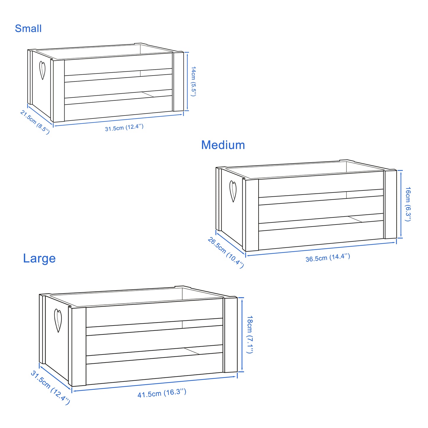 Brown Heart Cut-out Slatted Wooden Crate - 3 Sizes
