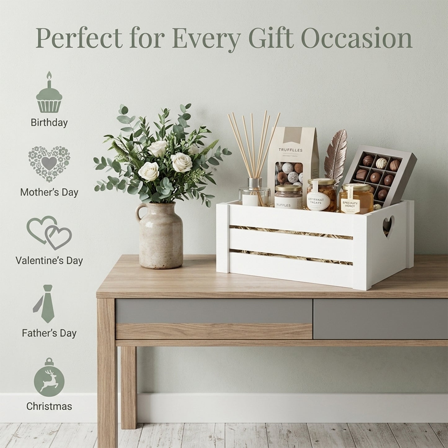 White Heart Cut-out Slatted Wooden Crate - 3 Sizes