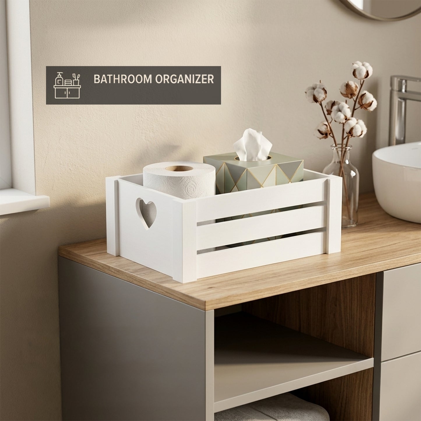 White Heart Cut-out Slatted Wooden Crate - 3 Sizes
