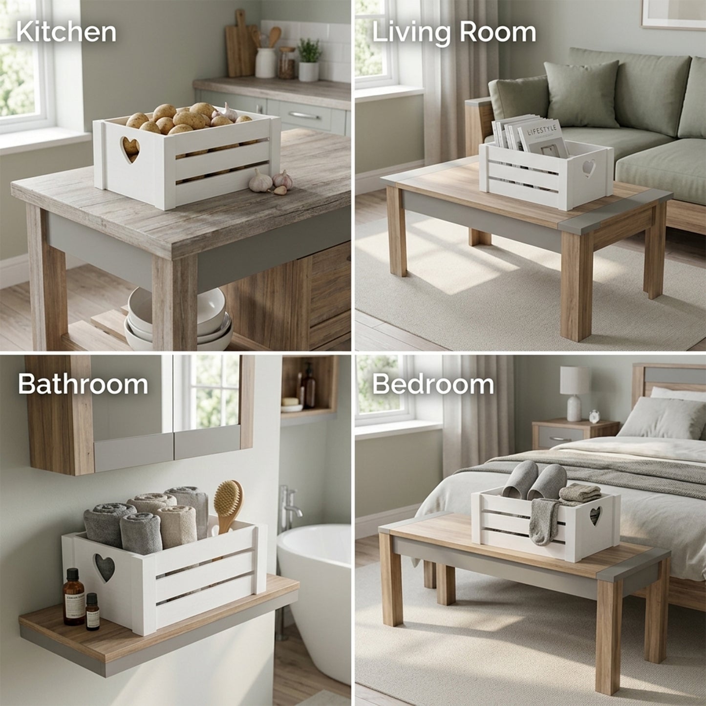 White Heart Cut-out Slatted Wooden Crate - 3 Sizes