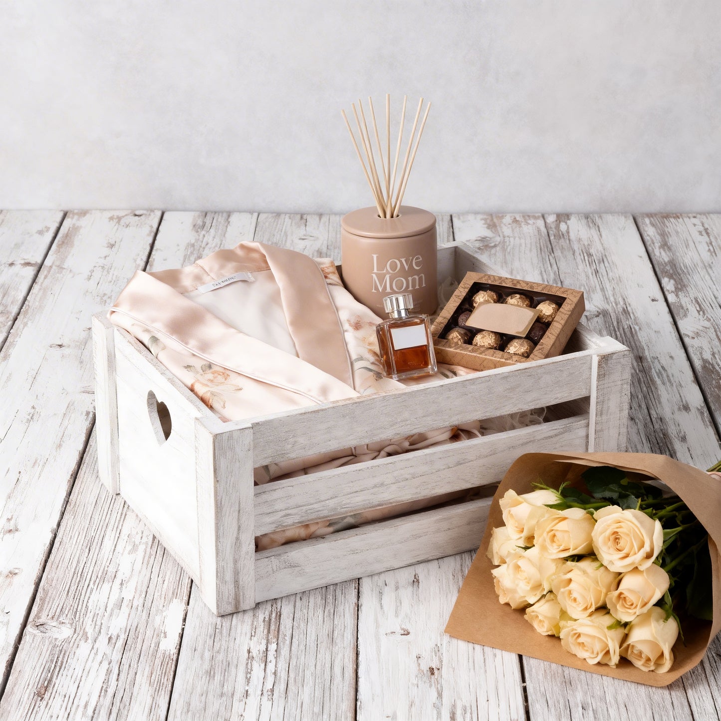 Grey Heart Cut-out Slatted Wooden Crate - 3 Sizes