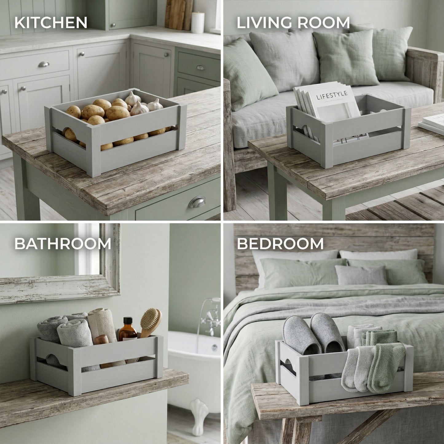 Grey Wooden Crate with Handle - 3 Sizes