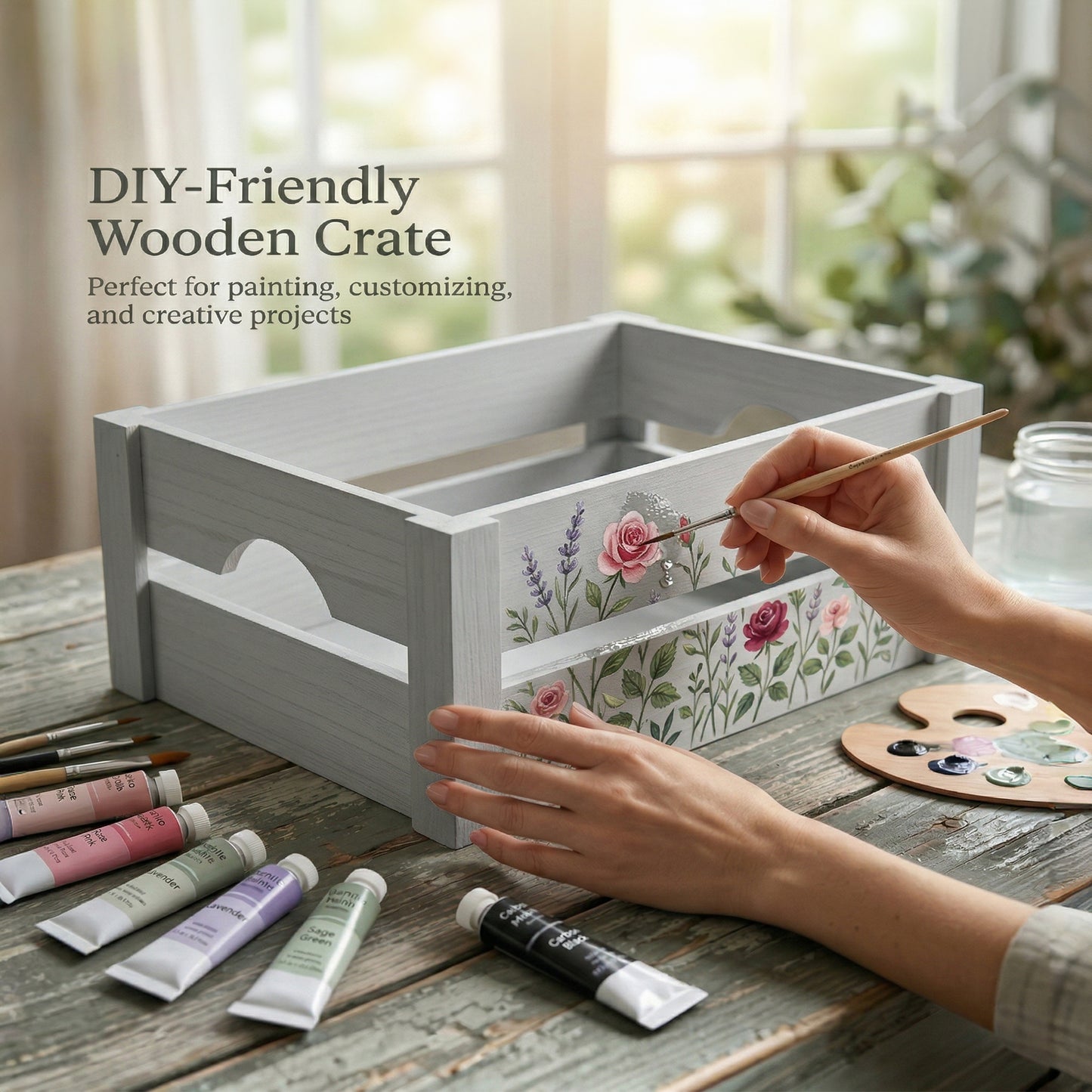 Grey Wooden Crate with Handle - 3 Sizes