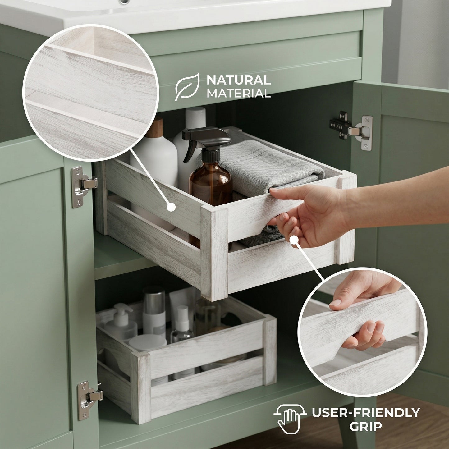 White Wash Wooden Crate with Handle - 3 Sizes