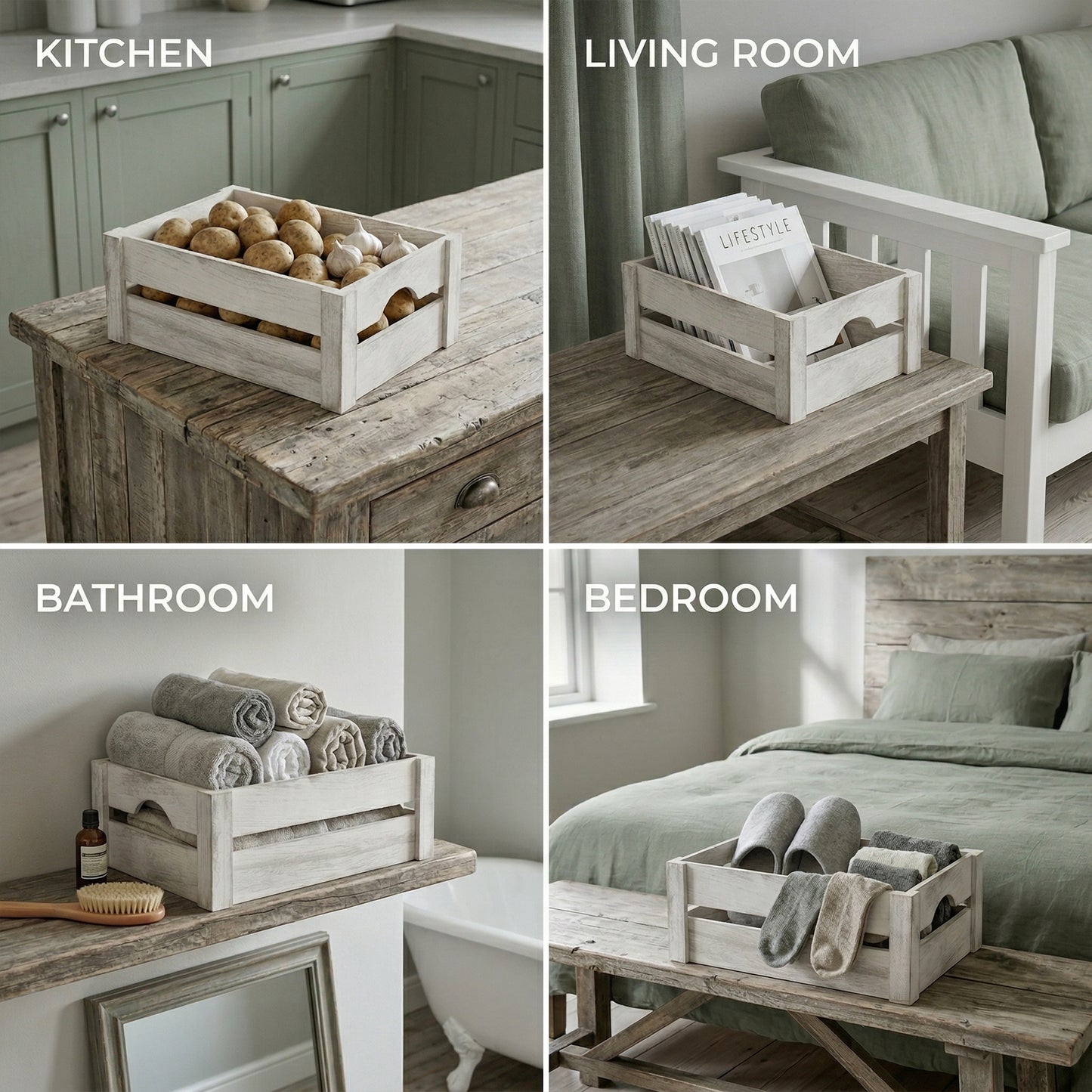 White Wash Wooden Crate with Handle - 3 Sizes