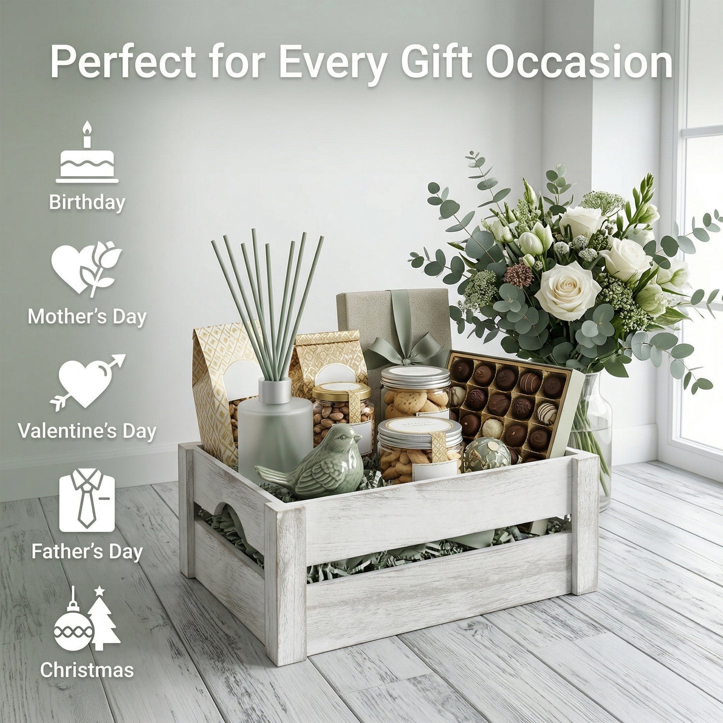 White Wash Wooden Crate with Handle - 3 Sizes