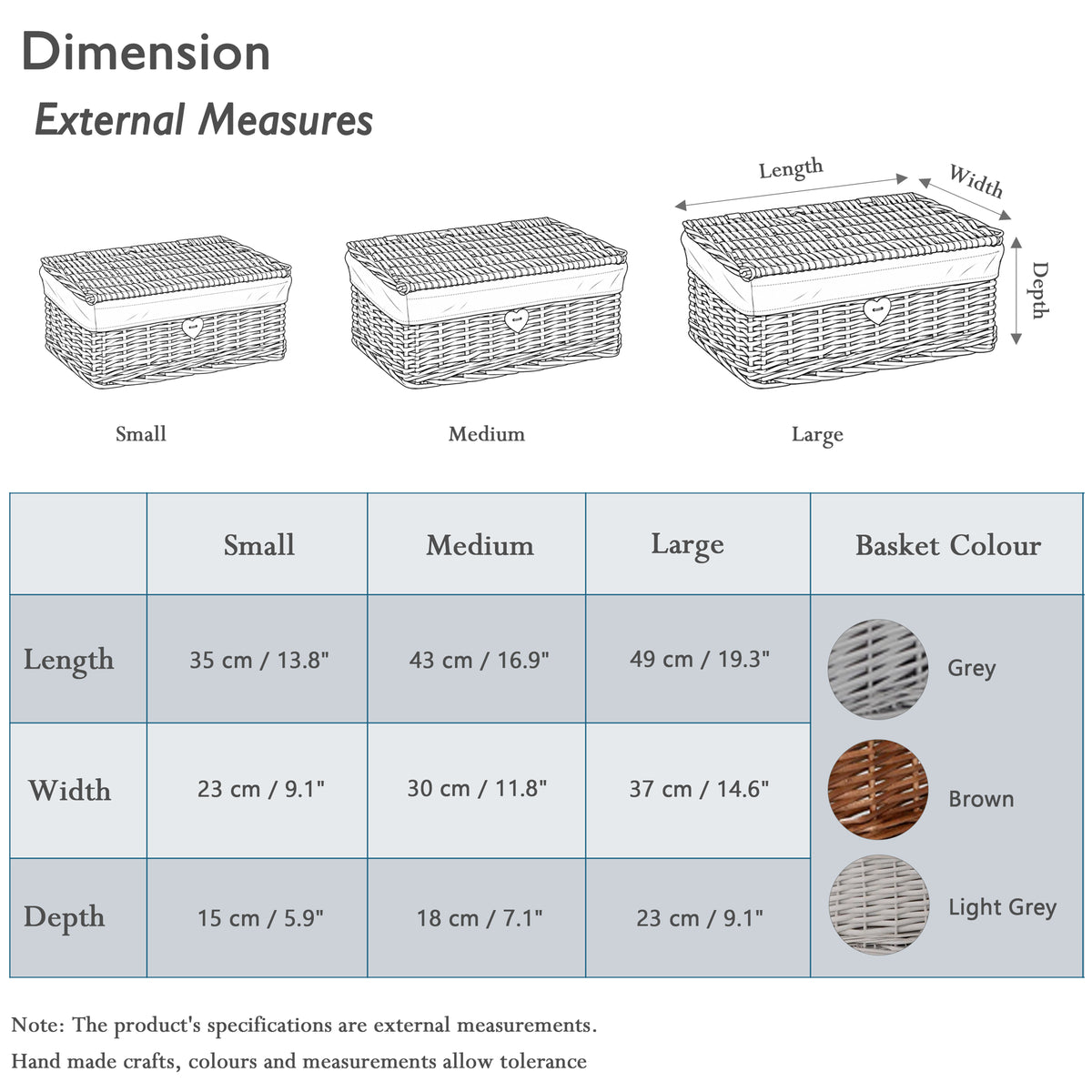Grey Wicker Storage Hamper Basket with Lining – Short Version - 3 Sizes