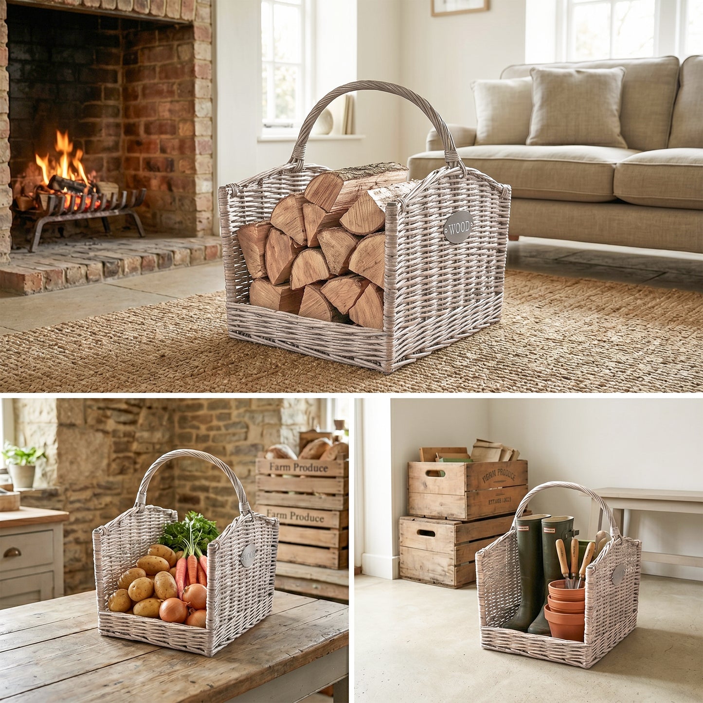 Antique Wash Open Ended Wicker Log Basket - 2 Sizes