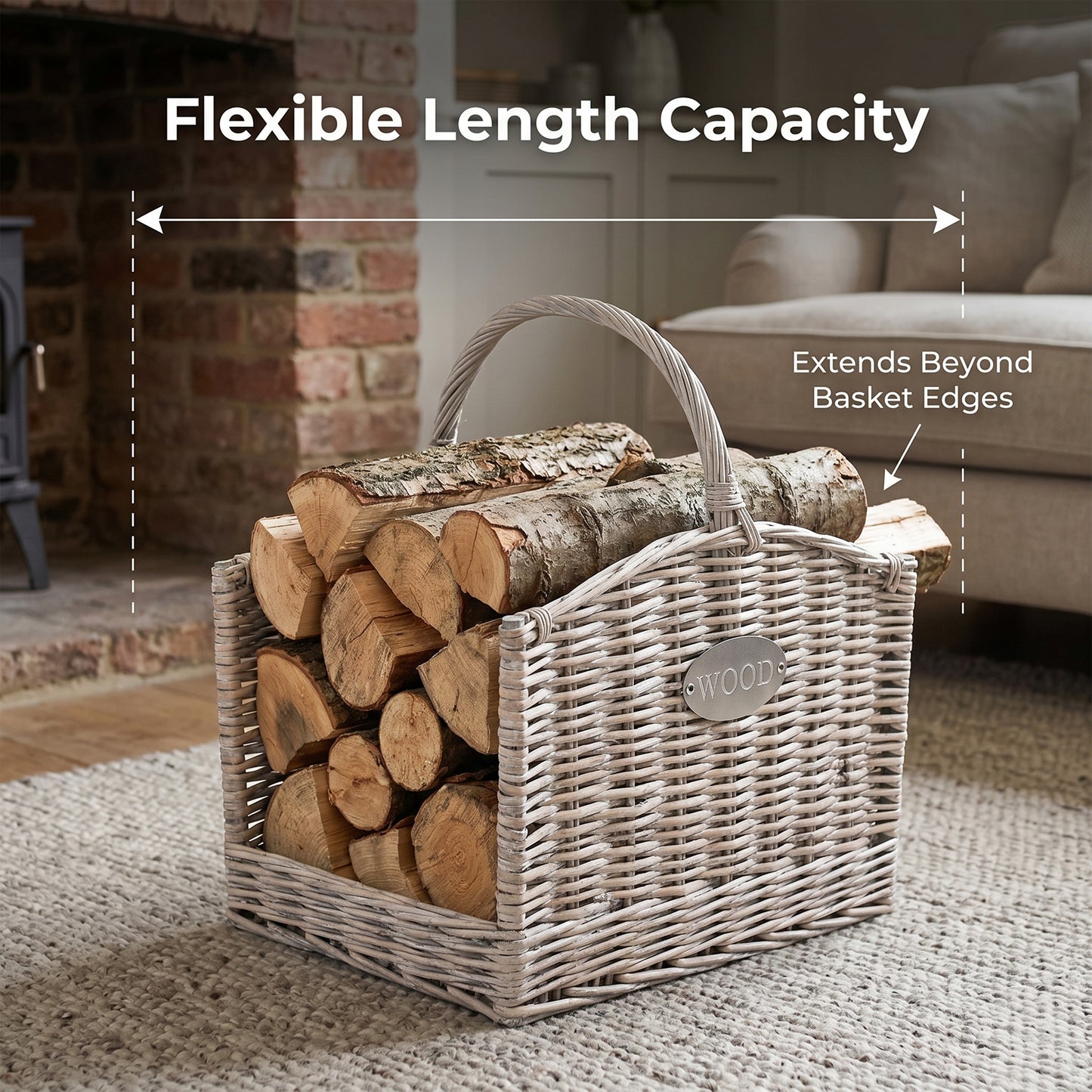 Antique Wash Open Ended Wicker Log Basket - 2 Sizes