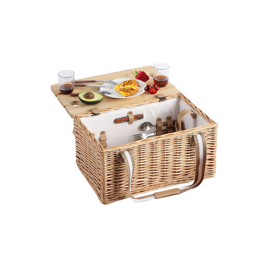 4 Person Wicker Picnic Hamper with Wooden Tabletop Lid