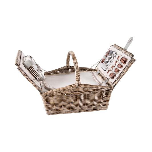 4 Person Antique Wash Double Lidded Wicker Picnic Hamper