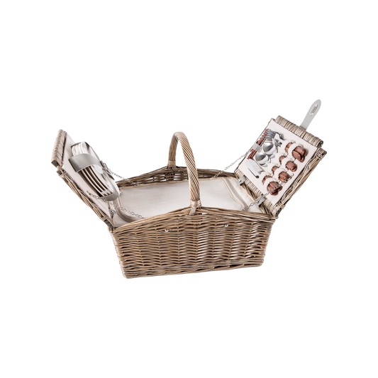 4 Person Antique Wash Double Lidded Wicker Picnic Hamper