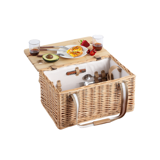 4 Person Wicker Picnic Hamper with Wooden Tabletop Lid