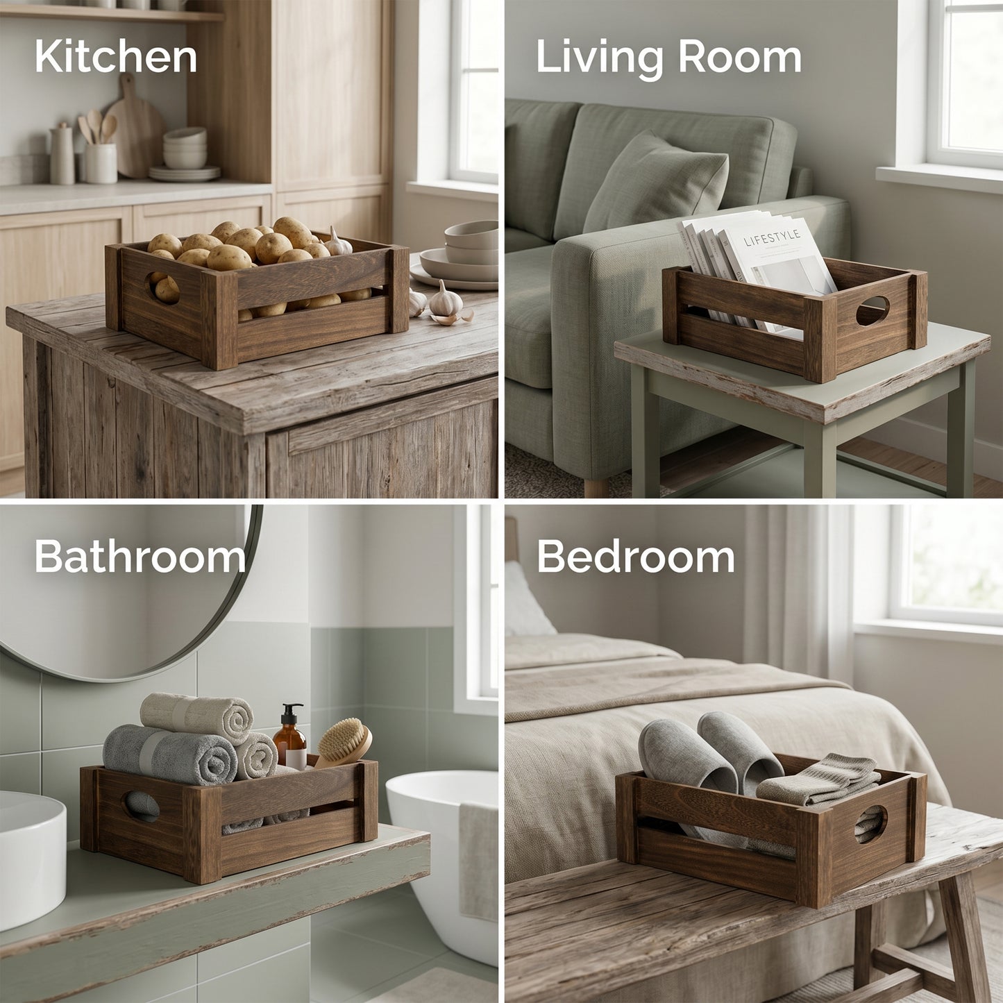 Brown Wooden Storage Crate Tray - 3 Sizes