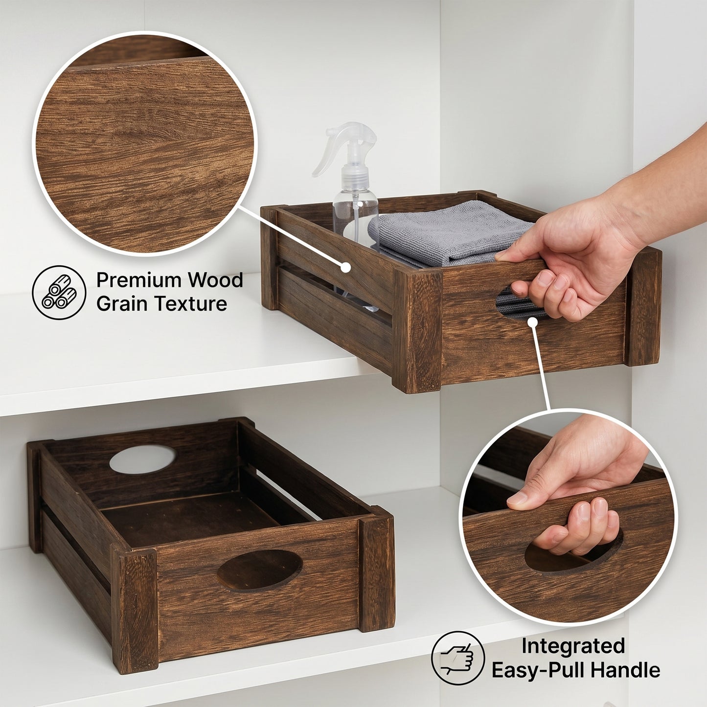 Brown Wooden Storage Crate Tray - 3 Sizes