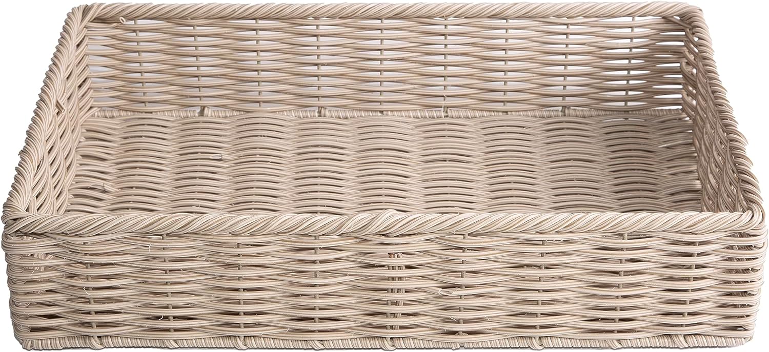 Beige Wicker-Style Storage Basket Tray