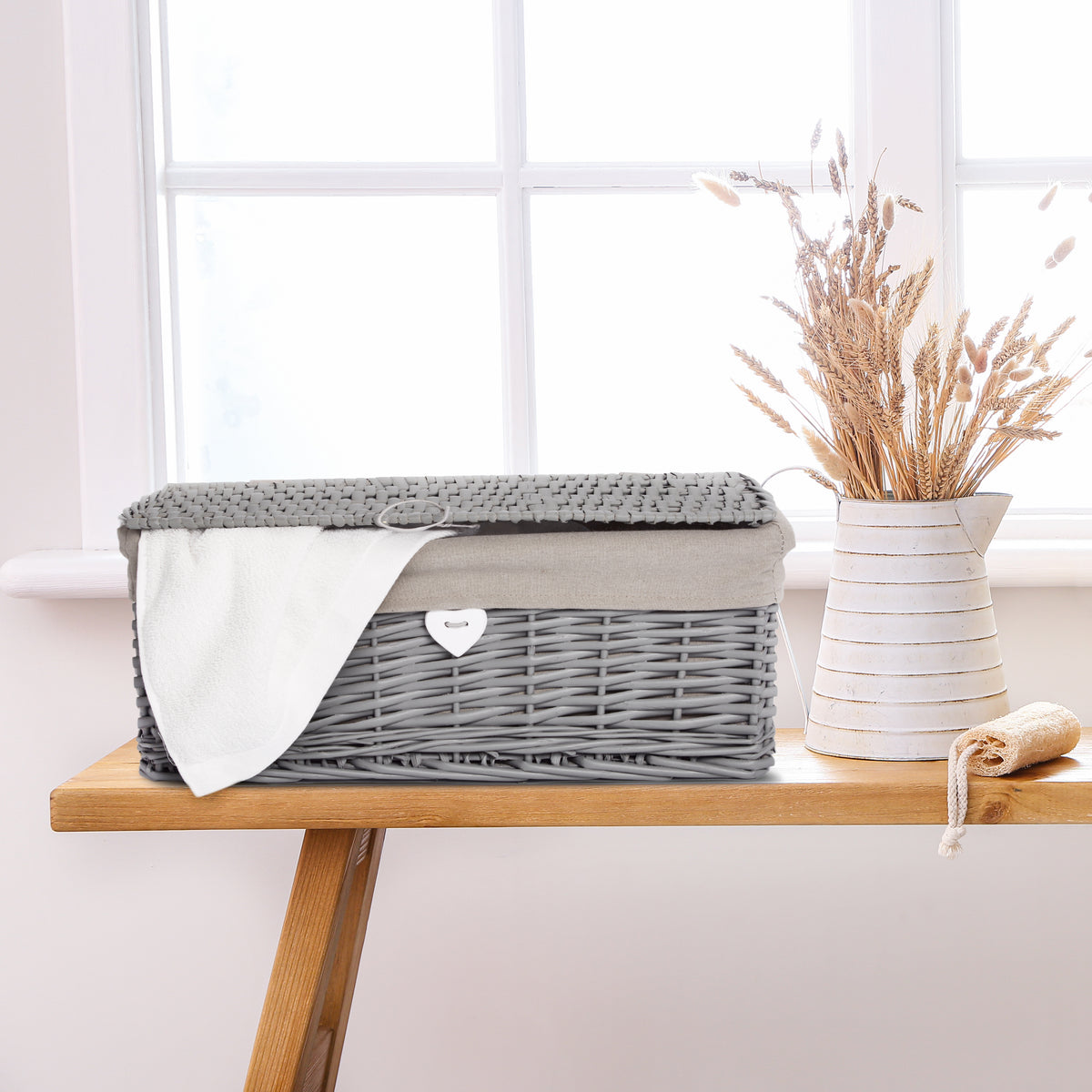 Grey Wicker Storage Hamper Basket with Lining – Short Version - 3 Sizes