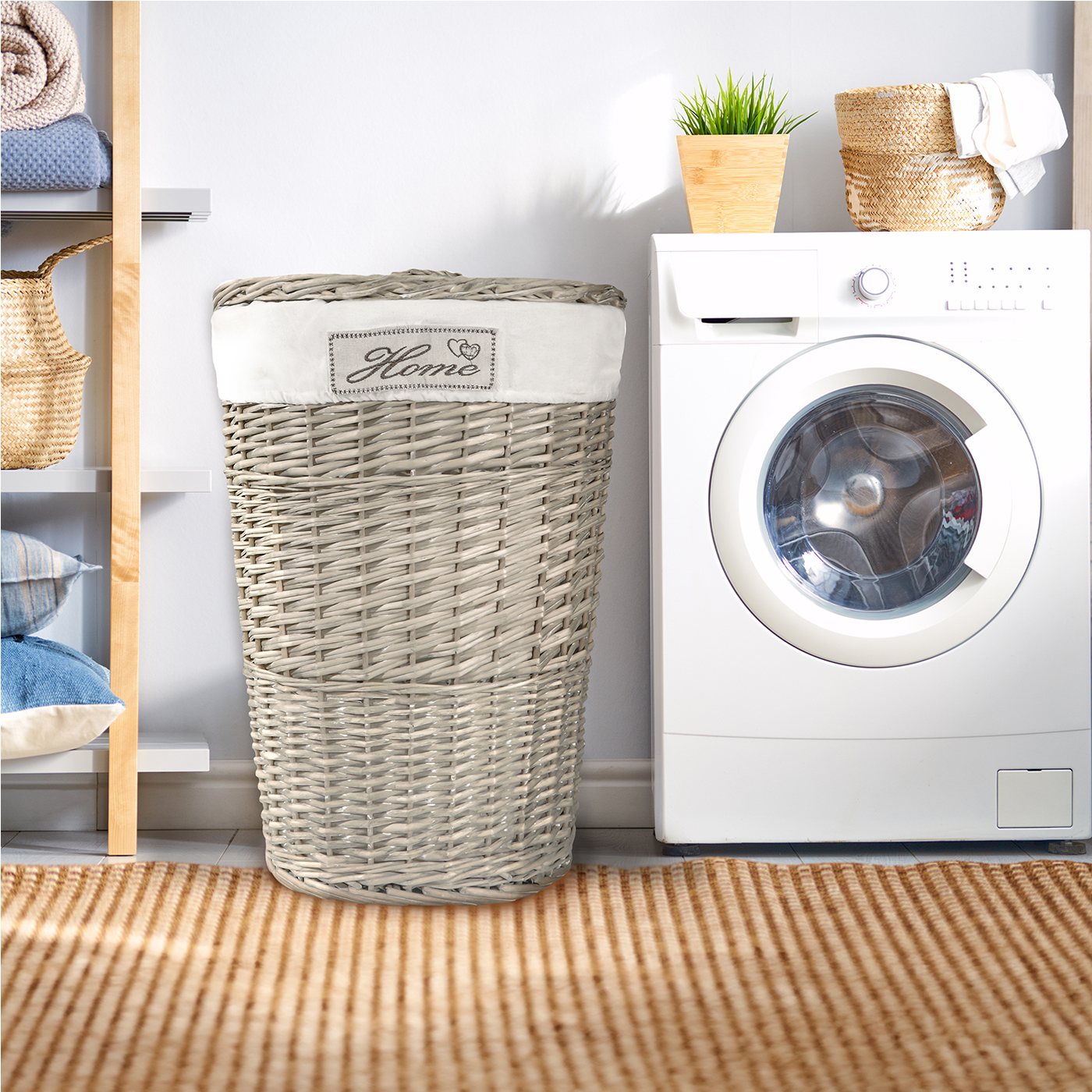 Antique Wash Oval Wicker Laundry Basket with Lining