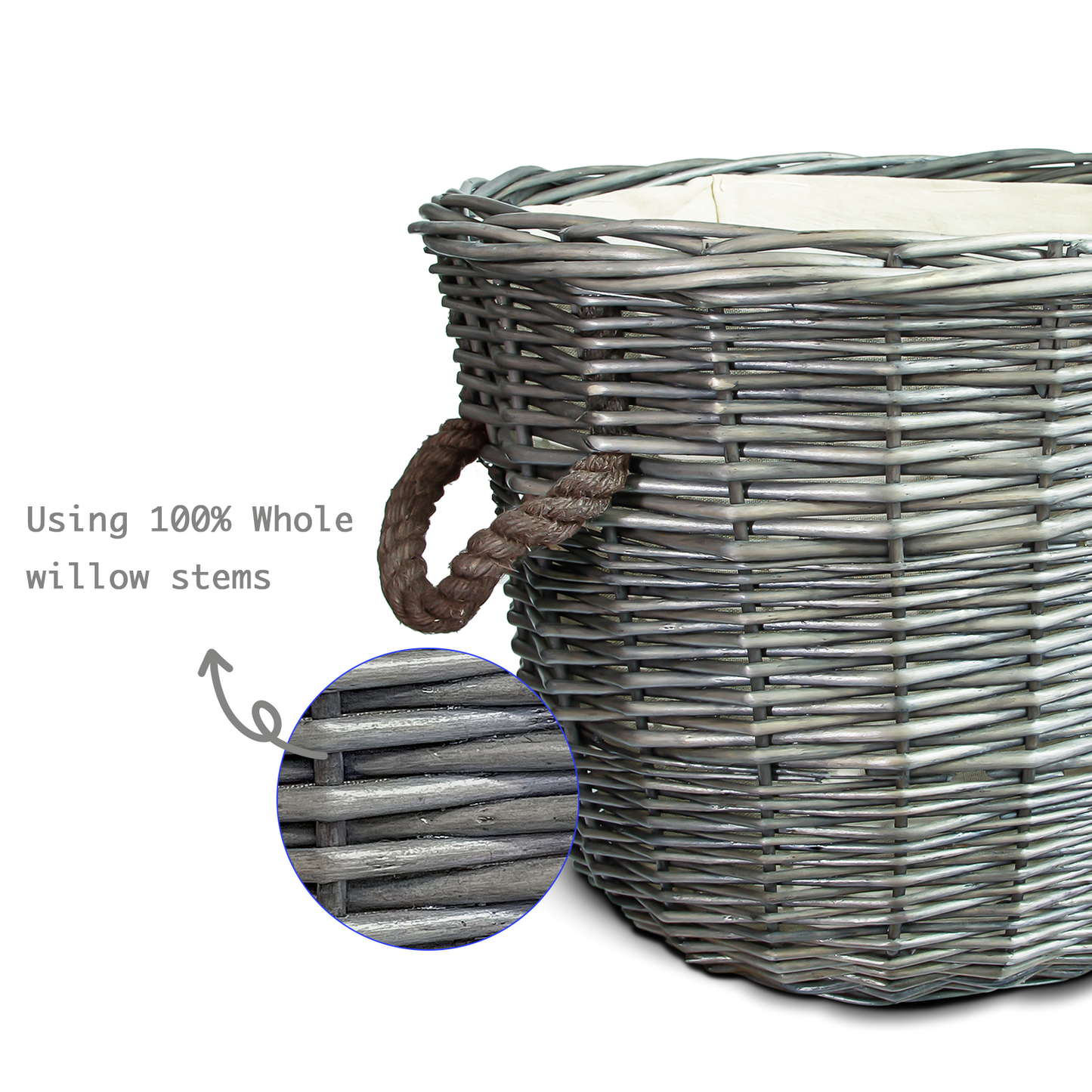 Antique Wash Round Rope Handled Wicker Log Basket